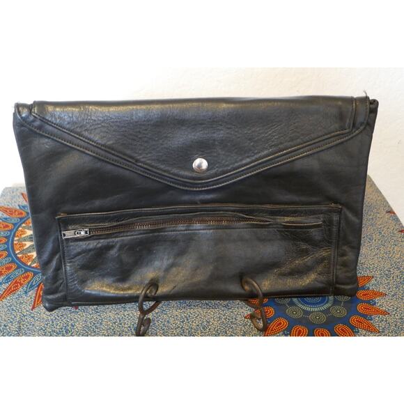 Vintage Black Leather Envelope Strapless Unisex Clutch Bag 9" x 13" Boho Hippie - Picture 5 of 16